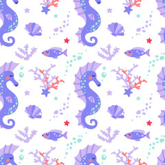 Pattern in purple colors with marine life
