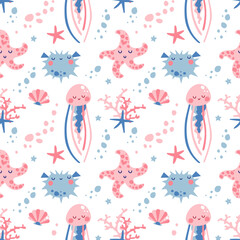 Cute sea animals: jellyfish, starfish, shells and fish. Vector pattern