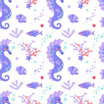 Pattern in purple colors with marine life © Евгения Махо