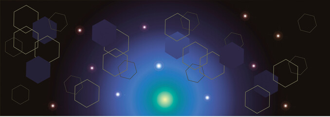 Abstract fantastic space blue background with hexagons and stars for banner or header design. For computer desktop background.