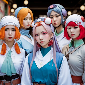 Generative ai asiatic cosplayers posing outdoors.