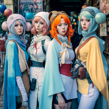 Generative ai asiatic cosplayers posing outdoors.