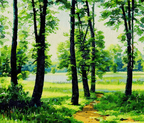 Fototapeta na wymiar Watercolor paintings landscape with trees and flowers, green forest in the morning, landscape with sky and clouds
