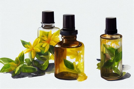Glass bottle with ylang ylang aromatic oil. Cosmetology and medicine. Watercolor illustration isolated on white background. Generative AI