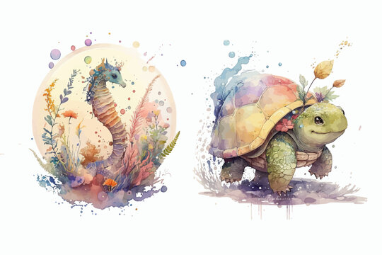 Seahorse and turtle in watercolor style. Isolated vector illustration