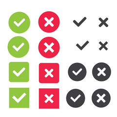 Check and wrong icons set of check marks. Green tick, red cross, black tick and cross. Yes or no - Vector