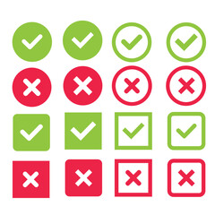 Large set of flat buttons: green check marks and red crosses. Circle, hard and rounded corners. - Vector