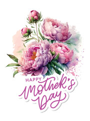 WaterColor Mother's day greeting card Pink peony illustration with flowers background for banners,Wallpaper, invitation, posters, brochure, voucher discount.