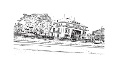 Building view with landmark of Plzen is a city in the Czech Republic. Hand drawn sketch illustration in vector.