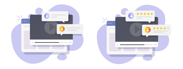 Virtual video conference online chat vector illustrated, internet movie reviews graphic watching, webinar quality rating conversation, vlog and blog content design image