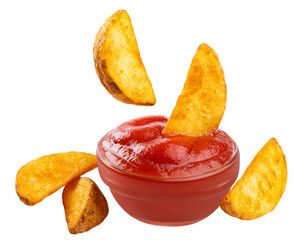 Delicious fried potato wedges and tomato ketchup cut out