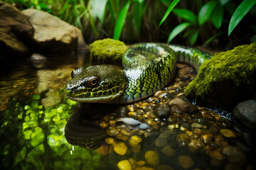 Fototapeta premium Green snake in the moist forest by the stream Generative AI
