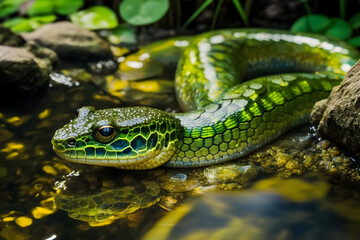 Obraz premium Green snake in the moist forest by the stream Generative AI