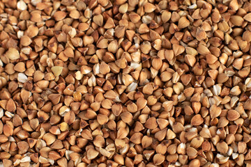 Buckwheat groats top view, a bunch of useful cereals