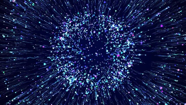 Colorful fireworks. Aerial flyight inside festive fireworks. Speed, fireworks, red blue neon glow, stars. 3D render. 4k animation.