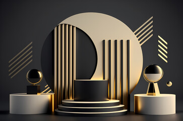 Stage podium scene for Award celebration or product presentation on blue background with lighting, generative ai.