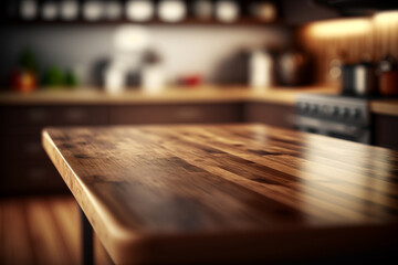 Empty wooden tabletop with blurred kitchen background. Mock up for display or montage of product. Blur kitchen counter background for montage product display for visual layout. AI generated image