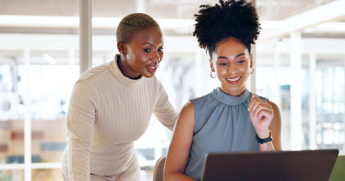 Business, black woman and employee laptop for digital marketing, connection and conversation in workplace. Coworkers, female consultants and discussion for online system, reading and explain process