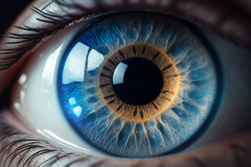 Beautiful human blue eye macro, iris details closeup. AI generated image