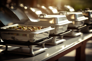 Buffet heated trays in line. Catering banquet in hotel. Breakfast and lunch buffet food. AI generated image.