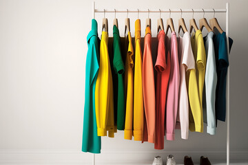 Colourful clothes on clothing rack, bright colorful closet in shopping store or bedroom. Rainbow color clothes choice on hangers, summer home wardrobe concept. AI generated image