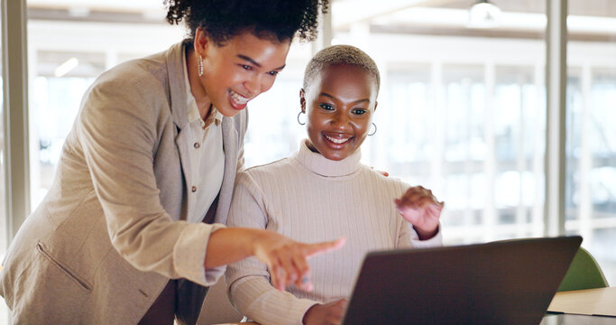 Corporate, black women an laptop for typing, connection and digital marketing in office, conversation and planning. Female employees, business partners and online research for advertising and talking - Powered by Adobe