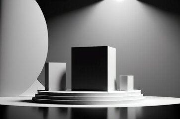 Stage podium scene for Award celebration or product presentation on black background with lighting, generative ai.