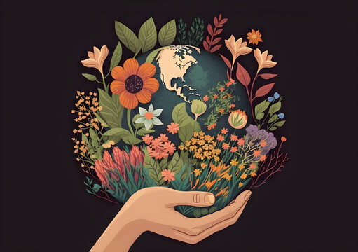 A hand holding up planet Earth in bloom
