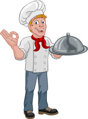 Chef Cook Man Cartoon Holding A Dome Tray