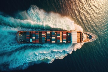 Aerial top view of cargo maritime ship with contrail in the ocean ship carrying container. Ai generative.
