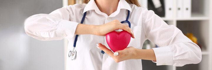 Cardiologist doctor holding red small heart in cardiology