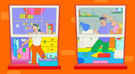 Fototapeta premium Girl and boy dancing in their bedrooms