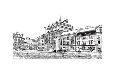 Building view with landmark of Plzen is a city in the Czech Republic. Hand drawn sketch illustration in vector.