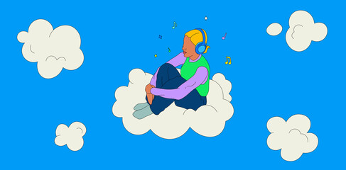 Girl with blonde hair listening to music on a cloud banner
