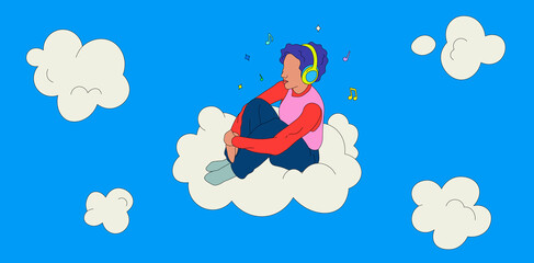 Girl with curly hair listening to music on a cloud banner
