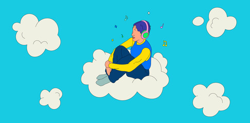 Girl with short hair listening to music on a cloud banner
