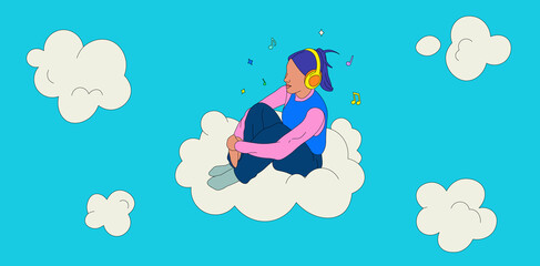 Girl with straight hair listening to music on a cloud banner
