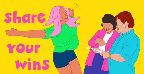 Share your wins phrase with girl celebrating with two grandparents/ lolas
