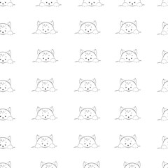 Cute kitten in line art style seamless pattern, Kitten face and front paws.