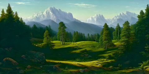 Panoramic view on a valley and forest in front of mountain range. Generative AI