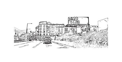 Building view with landmark of Plzen is a city in the Czech Republic. Hand drawn sketch illustration in vector.