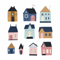Colorful clipart set, hand-drawn buildings in a trendy style with cute details.