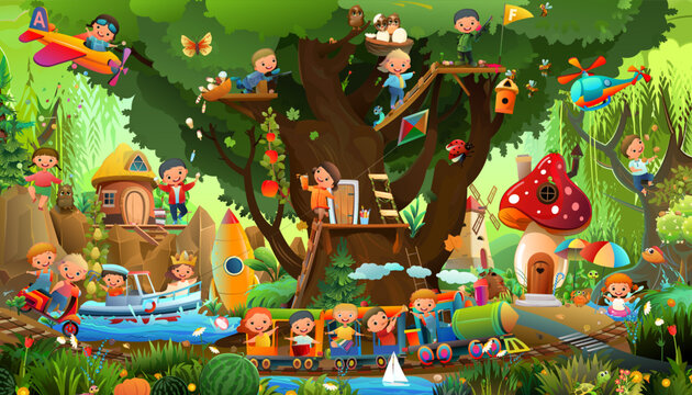 Fototapeta Wallpaper in children room. Poster with lot of kids have fun and play on playground. View nature landscape. Summer large oak tree. Vacation kids. Difficult composition. Cartoon style. Vector.