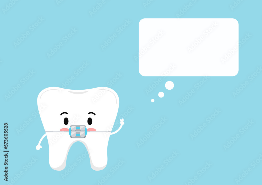 Wall mural Happy tooth in braces icon with rectangular speech bubble isolated on blue background. Flat cute design kawaii dental emoticon in bracket. Vector cartoon style teeth character.