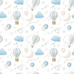 Baby Pattern with hot Air Balloons, Clouds and moon in the sky. Watercolor seamless background for Kids. Cute Print for childish textile design or wallpaper. Isolated illustration in pastel colors.