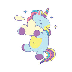 Cartoon Color Character Unicorn with Fluffy Cloud Concept Flat Design Style. Vector illustration of Mascot Mythology Horse
