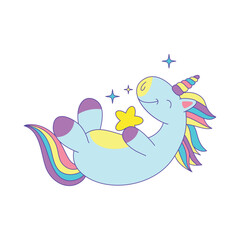 Cartoon Color Character Unicorn with Yellow Star Concept Flat Design Style. Vector illustration of Mascot Mythology Horse