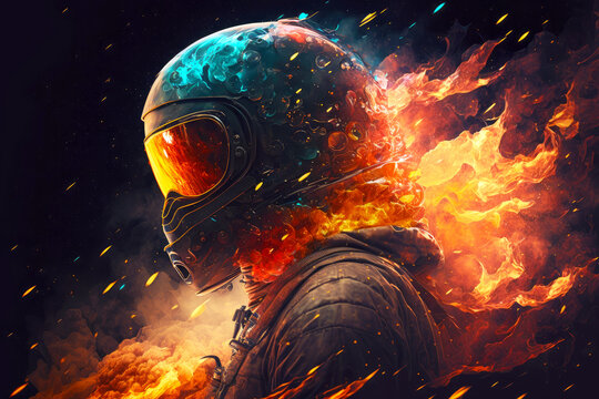 Daring Space Traveler In Helmet On Dark Background With Burning Fires And Explosions, Generative Ai