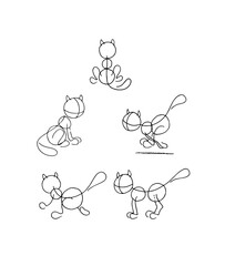 Sketch structures drawings of cats characters in different positions. Black inked lines cartoon style vector illustration.