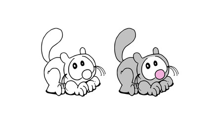 Cute grey cat character lying on floor. Sketch black and white and colourful versions. Cartoon style vector illustration isolated on white background.